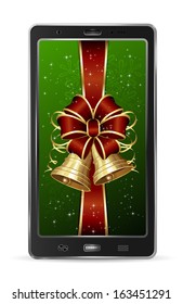 Realistic mobile phone with red bow and Christmas bells, illustration.
