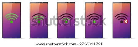 Realistic mobile phone screen with WiFi icon. Internet wireless signal strength indicator. Network wave. Failure digital connection. Smartphone interface. Device touchscreen. Vector cellphones set