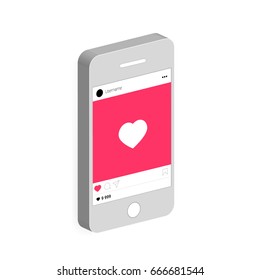Realistic mobile phone with social network app. Photo frame. Post with like. Vector illustration.