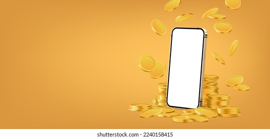 Realistic mobile phone template with flying coins. Mobile phone and mountains of money 3D realistic mockup. Gold coins and smartphone. Concept of success, earning finance through a cell phone. Vector