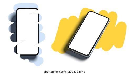 Realistic mobile phone template, on a modern background, brush strokes. Top view, side view. Template for infographics or presentation UI design interface. vector illustration