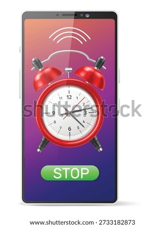 Realistic mobile phone touchscreen with red ringing alarm clock. Smartphone display. Timer alert noise. Timepiece bells. Deadline hour. Cellphone application. Wake signal sound. Vector isolated object