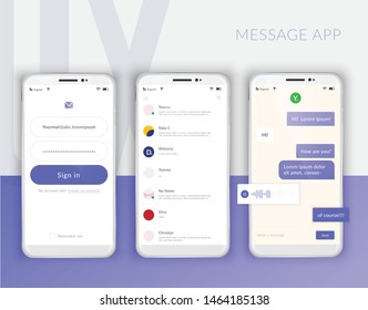Realistic Mobile Phone User Interface Messenger Chat App Template Composition With Mockup Images Of Three Screens Vector Illustration