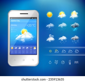 Realistic mobile phone with weather forecast widget mobile application program layout template vector illustration