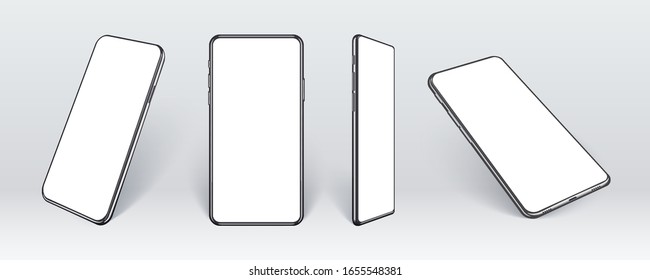 Realistic mobile phones in different angles isolated, Perspective view cell gadget with empty screen for showing ui ux app design or website. 