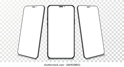 Realistic mobile phones in different angles isolated, Perspective view cell gadget with empty screen for showing ui ux app design or website.