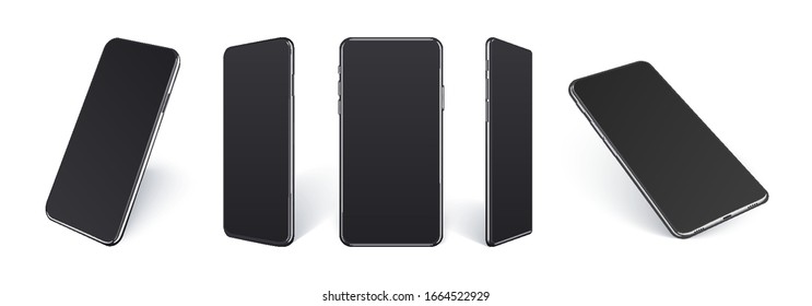 Realistic mobile phones mockup in different angles isolated, Perspective view cellular gadget with black empty screen isolated on white background for showing ui ux app design or website.