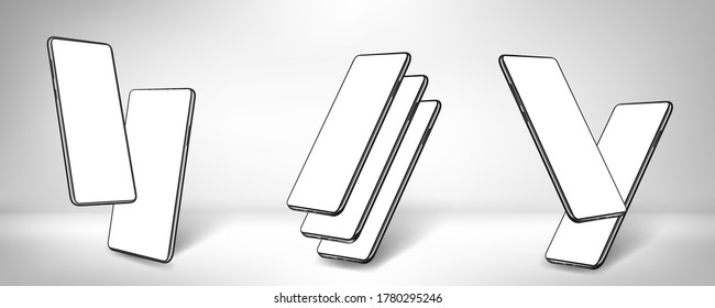 Realistic mobile phones mockups from different angles. Presentation compositions smartphones. Mockup generic device with frame and blank screen. Vector template for present app, product or advertising