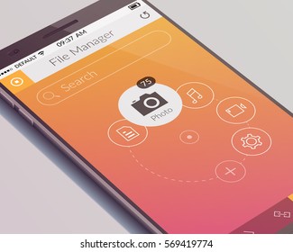 Realistic mobile screen design concept with modern user interface application on gray background isolated vector illustration