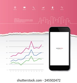 Realistic mobile smart phone with abstract ripped paper and business graph. Vector infographic background for template design.
