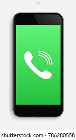 Realistic mobile smart phone with telephone icon on touchscreen display. Vector illustration.