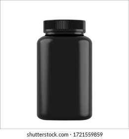 Realistic mock up black bottles for drugs, tablets. 3d Plastic blank medical containers isolated on white background. Vector illustration