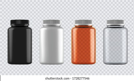 Realistic mock up bottles for drugs, tablets, drops and spray etc. 3d Plastic blank medical containers isolated on transparent background. Vector illustration