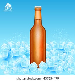Realistic mock up brown bottle of beer on ice cubes on blue background