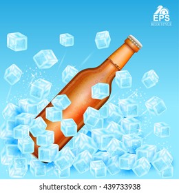 realistic mock up brown bottle of beer flies out of ice cubes on blue background