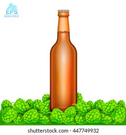 Realistic mock up brown bottle of beer stand among hop cones on white background