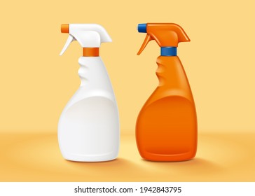 Realistic mock up collection of white and orange plastic trigger spray bottles, 3d illustration