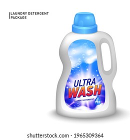 Realistic mock up of container for liquid detergent with designed etiquette. Detergent package. Vector