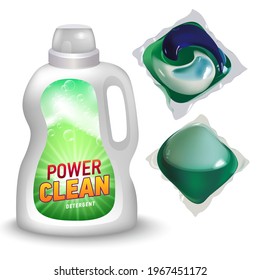 Realistic mock up of container for liquid detergent with designed etiquette. Detergent package.