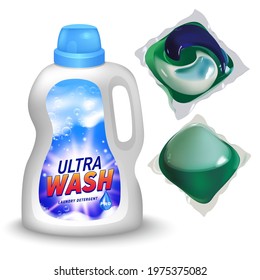 Realistic mock up of container for liquid detergent with designed etiquette. Detergent package.