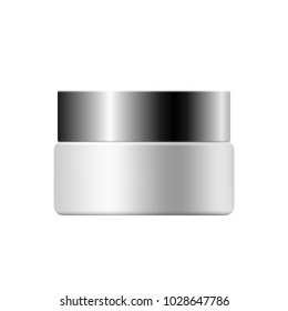 Realistic mock up of cream container. Vector white mat plastic jar with metallic silver cap for cosmetics, powder, body cream, skin care, gel, lotion. Front side view. 3D illustration.