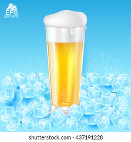 Realistic mock up glass of beer with foam among ice cubes on blue background