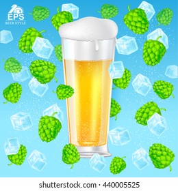 Realistic mock up glass of beer with foam among flying hop cones and ice cubes on blue background