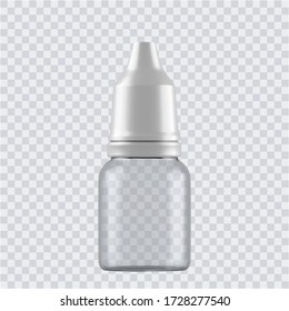 Realistic mock up glass bottles for drops and spray etc. 3d Plastic blank medical containers isolated on transparent background. Vector illustration