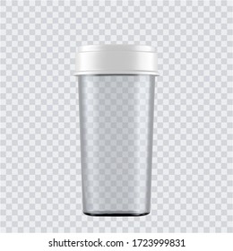 Realistic mock up glass bottles for drugs, tablets. 3d Plastic blank medical containers isolated on transparent background. Vector illustration