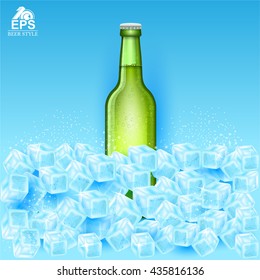 Realistic mock up green bottle of beer among ice cubes on blue background
