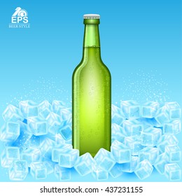 Realistic mock up green bottle of beer on ice cubes on blue background