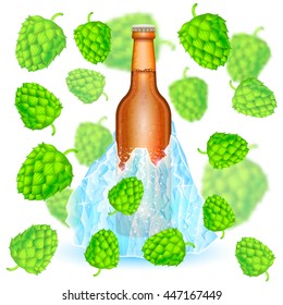 Realistic mock up green bottle of beer frozen-in iceberg among depth of field hop cones on white background