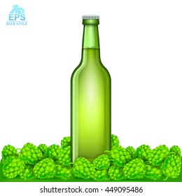 Realistic mock up green bottle of beer stand among hop cones on white background