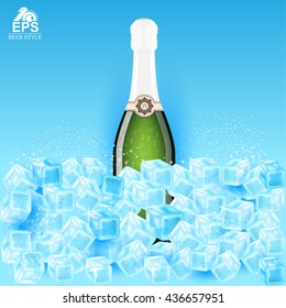 Realistic mock up green bottle of champagne on ice cubes on blue background