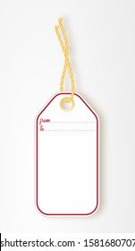 Realistic mock up illustration of some gift tags. Space is provided for your own copy paste text. Blank tag with rope isolated on white background. Template for price tag, gift tag, address label. For