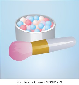 Realistic mock up open bronzing pearls box with makeup brush applicator. Vector