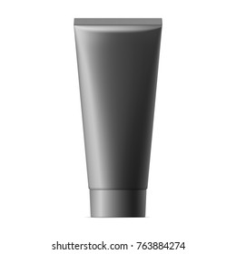 Realistic mock up of package. Vector black mat plastic tube with cap for cosmetics, body cream, skin care, gel, lotion, glue, toothpaste. Front view. 3D illustration