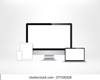 Realistic mock up set of electronic modern devices - monitor, laptop, tablet and smartphone. Vector illustration