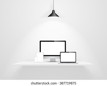 Realistic mock up set of electronic modern devices - monitor, laptop, tablet and smartphone. Top lamp with white shelf. Vector illustration