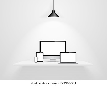 Realistic mock up set of electronic modern devices - monitor, laptop, tablet and smartphone on white shelf. Vector illustration