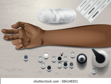 Realistic mock up with tan woman hand and tattoo stuff. All objects are isolated from each other. Top view design for showing sketches
