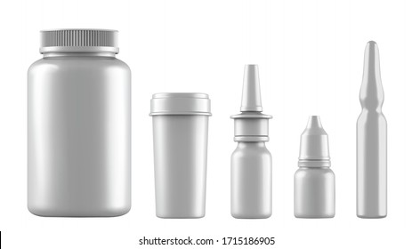 Realistic mock up white bottles for drugs, tablets, drops and spray etc. 3d Plastic blank medical containers isolated on white background. Vector illustration