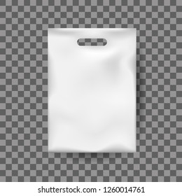 Realistic mock up of white plastic bag, packaging for food and plastic package for goods. Template, 3d layout, branding mockup, empty polythene package. Vector illustration on transparent background.