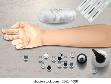 Realistic mock up with woman hand and tattoo stuff. All objects are isolated from each other. Top view design for showing sketches