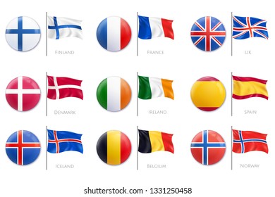Realistic mockup badge flag icon set with different colors of flags on plastic badges vector illustration