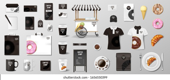 Realistic mockup for Bakery shop, Restaurant, Cafe. Corporate identity style Bakery food package mockup. Set of cup, pack, uniform, shirt, street menu, donut, croissant, paper bag