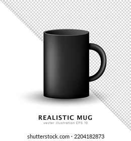 Realistic mockup of black clean empty mug isolated on transparent background. Template of 3d ceramic matte cup for printing logo, brand. Easy to change colors