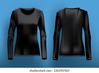 Realistic mockup black women's full sleeve T shirt front and back in vector illustration