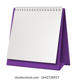 Realistic mockup of a blank spiral-bound desk calendar with a purple stand, isolated on a white background. Perfect for showcasing branding, scheduling templates, or corporate identity designs