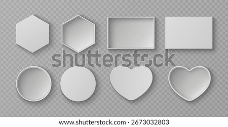 Realistic mockup box set with top view - hexagonal, rectangular and circular containers for packaging designs. White cardboard heart and round lids with shadows. Empty templates for gift packs.